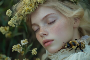 Delicate honey bee resting on a woman's shoulder in a serene Swedish meadow surrounded by blooming flowers in early summer light