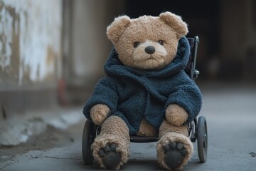 Realistic teddy bear in a wheelchair wearing a cozy blue coat sitting against a weathered wall in an urban setting during the day