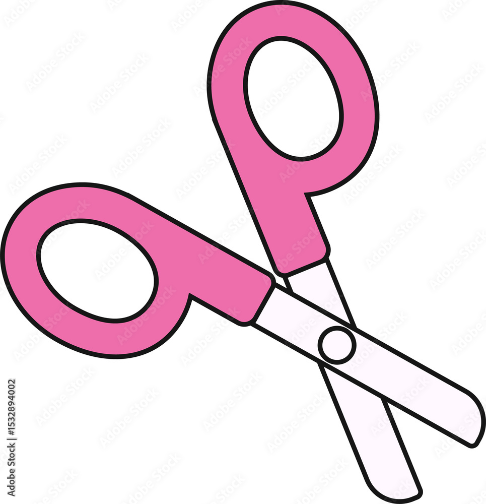 Poster scissors are lying open in vector with bright pink handles, white blades on transparent background