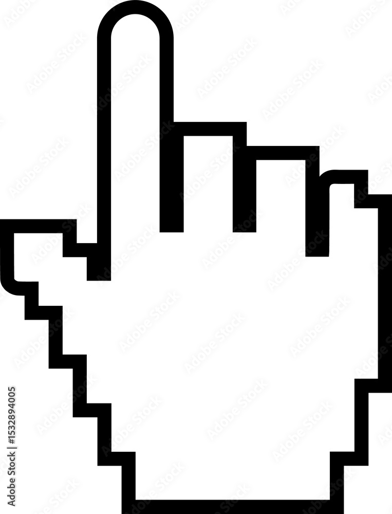Poster pixel art hand cursor icon is floating with transparent background, showing blocky pointer design