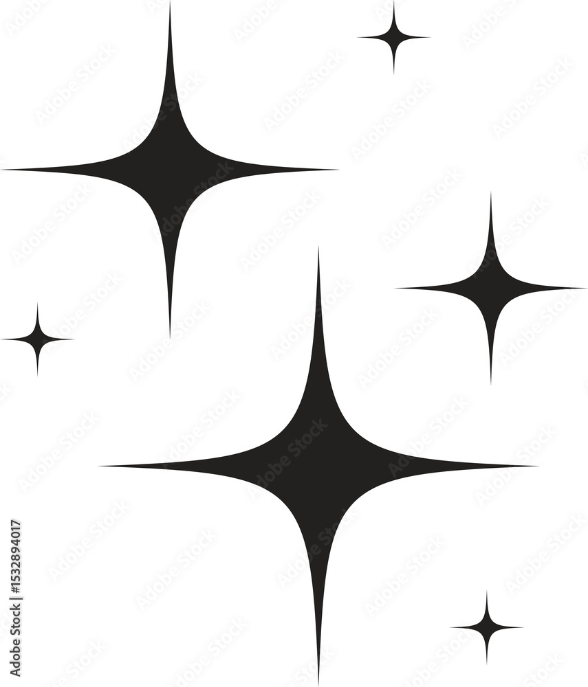 Aufkleber five four-pointed sparkle icons are floating in flat vector illustration, on transparent background
