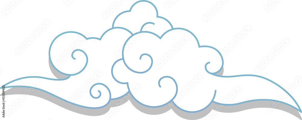 Poster decorative white cloud motif is floating in flat vector with blue outline on transparent background