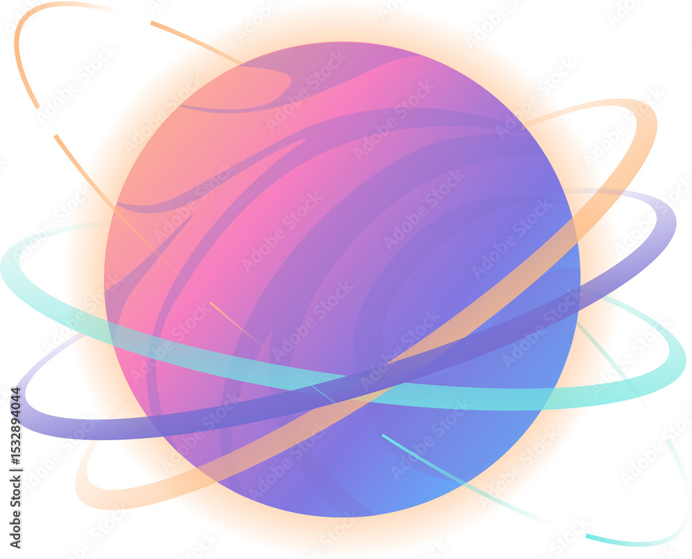 Poster floating flat gradient sphere with swirling ribbon rings and linear accents on transparent backdrop