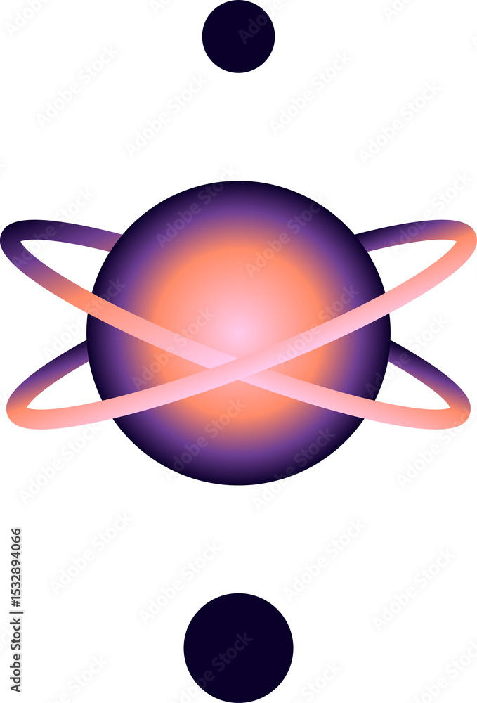 Poster atomic shape on transparent background showing glowing orb with crossing rings and small spheres