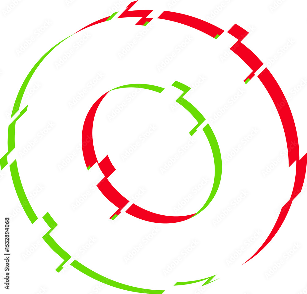 Poster abstract torus ring is floating on transparent background, flat design with red and green fragments