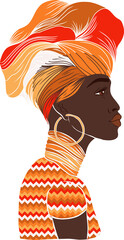 Profile portrait is showing flat design with bold headwrap gold jewelry on transparent background