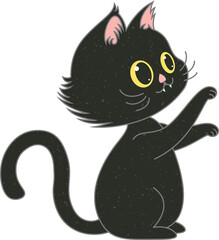 Cartoon black cat is posing in flat design, yellow eyes, fangs, transparent background, copy space