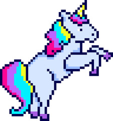 Pixel art unicorn is rearing on hind legs on transparent background, showcasing pastel rainbow mane