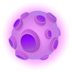 Abstract 3D sphere with tunnel openings is floating, purple pink gradient, transparent background