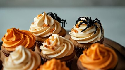 Halloween Cupcakes on Wooden Board. Several Halloween-themed cupcakes with orange and vanilla frosting are arranged on a wooden serving board, along with small pumpkins and plastic spiders.