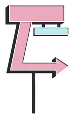 Minimalist signpost is showing large pink board, small blue sign and pink arrow on transparent