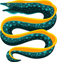 Obraz premium Spotted teal eel is slithering in flat illustration with yellow belly and transparent background