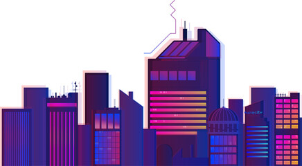 Stylized neon cityscape is glowing over transparent background, highlighting gradient skyscrapers