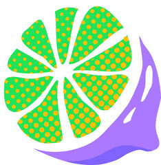 Pop-art lime slice floating on transparent background, showing yellow polka dots and purple splash