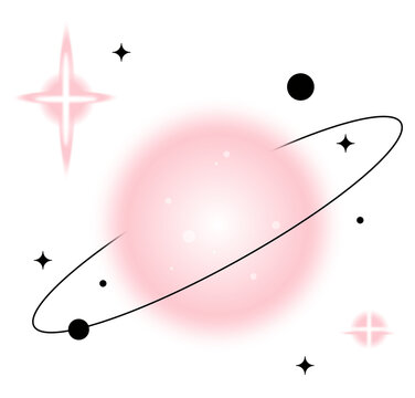 Naklejki Flat design pink planet orbiting in black ring with sparkles, dots on transparent, copy space