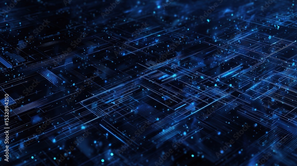 Poster abstract floating blue mesh circuits in digital space environment