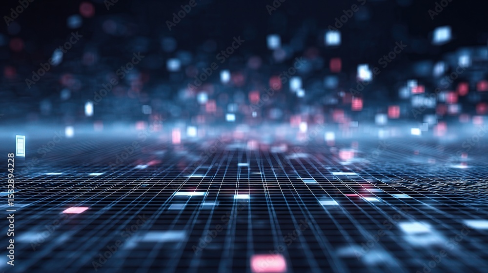Poster floating holographic icons over a digital data grid background