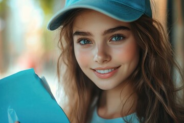 Young woman with long hair and cap joyfully receiving a blue parcel in a sunny outdoor setting, showcasing a cheerful moment of delivery and connection