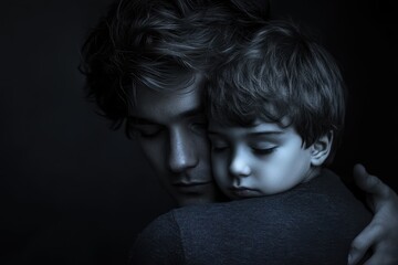 Worried loving young single father holding his child close in a tender embrace during a quiet evening at home