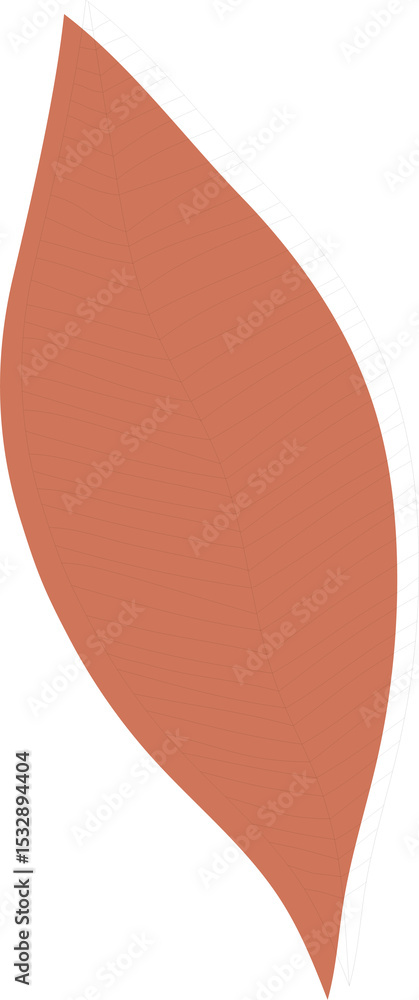 Poster vector orange-red leaf is floating on transparent backdrop showing central vein with lateral veins