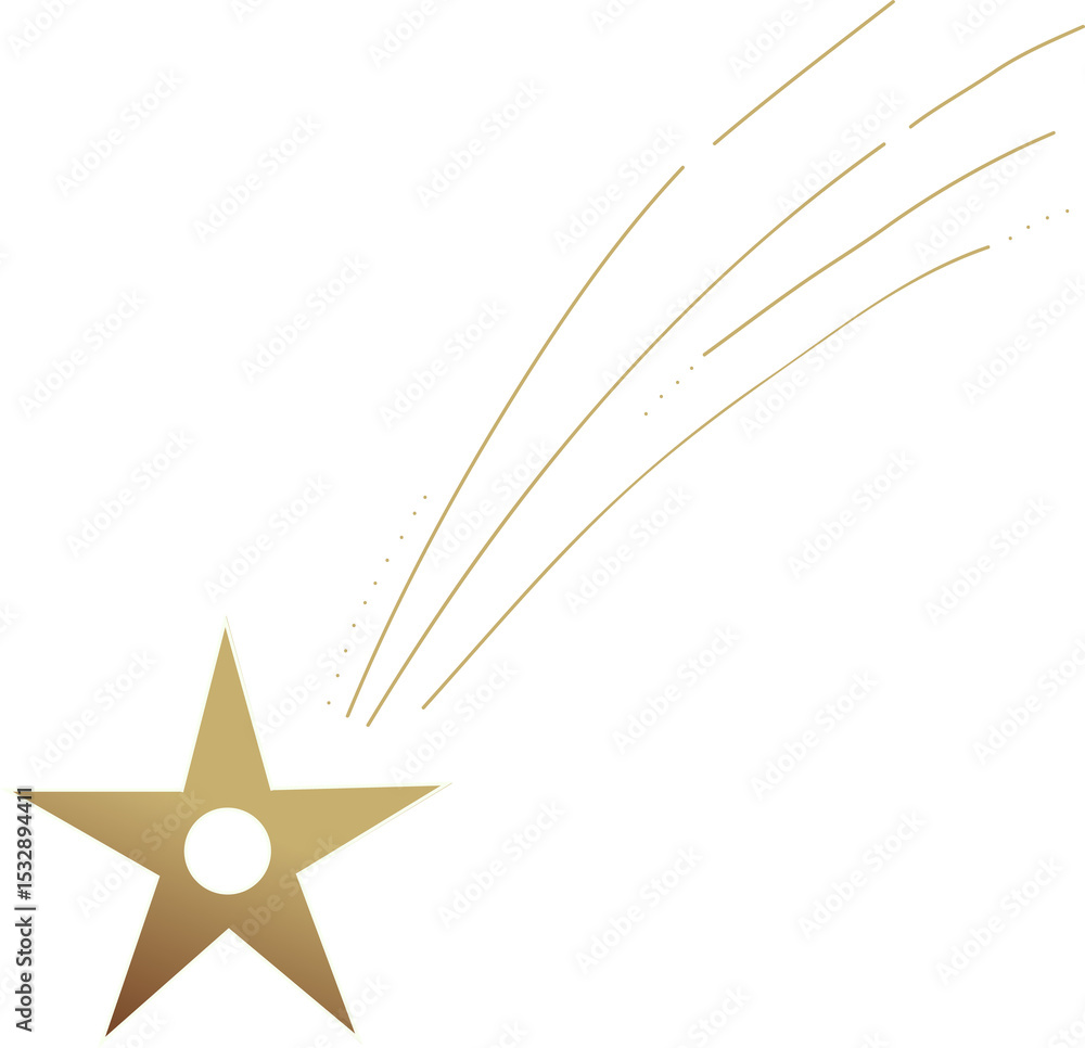 Poster flat design gold shooting star gliding on transparent background, trailing arcs and spark dots