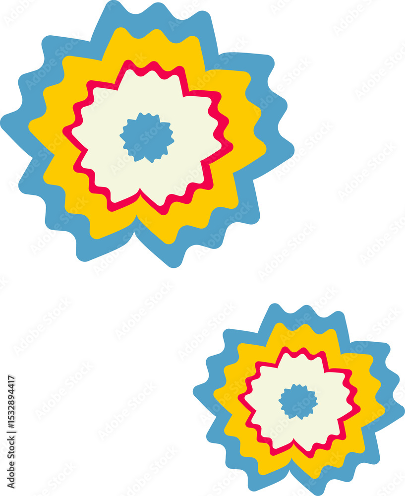 Poster two starburst shapes are floating in flat design, transparent background with multicolor outlines