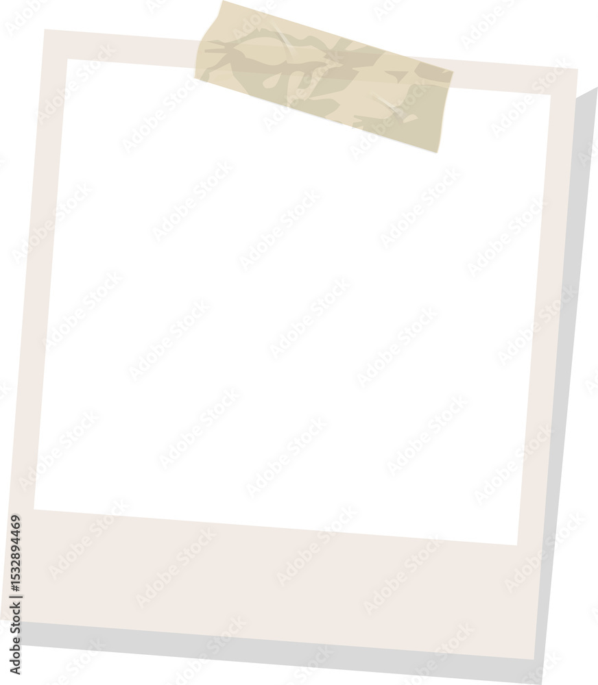 Poster retro polaroid frame is tilting in flat design with masking tape, shadow, transparent background