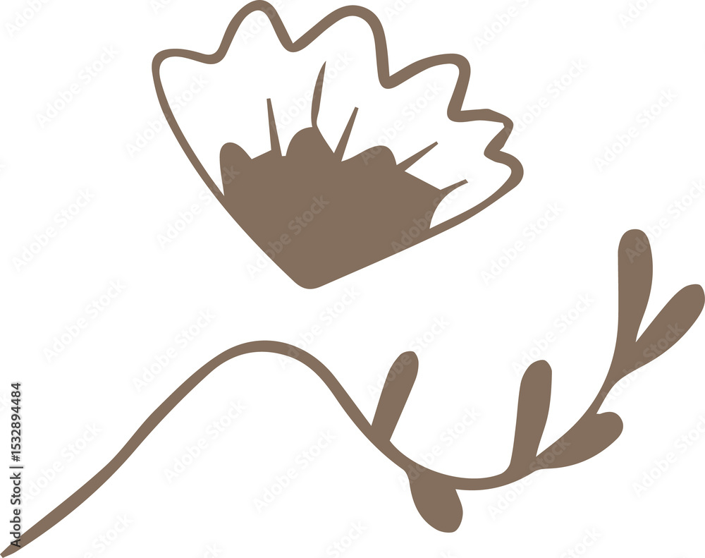 Poster abstract drawing is showing brown line bloom with curved stem and leaves on transparent background