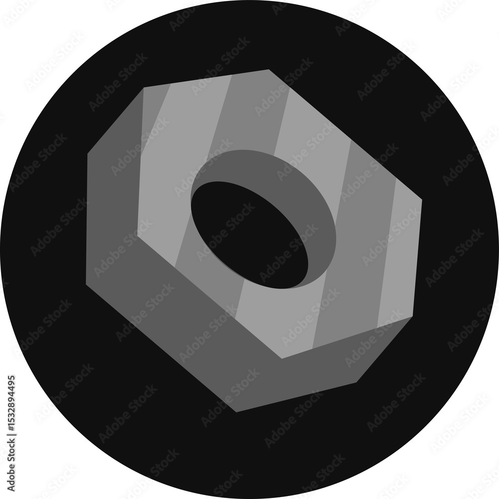 Poster grayscale 3d-rendered hex nut is being shown in isometric perspective with transparent background