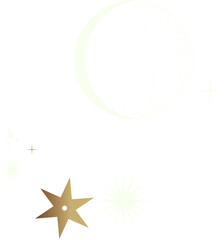 Stylized celestial motif is floating on transparent backdrop with dotted moon gold stars, clouds