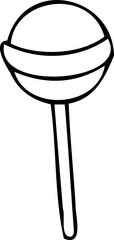 Flat outline art is showing round lollipop with curved stripes on stick over transparent background