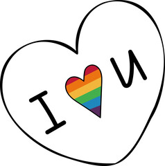 Flat vector design is showing I rainbow-striped heart U within black outline on transparent canvas