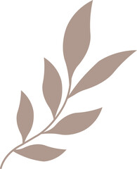 Minimalist flat design is showing stylized branch bearing eight oval leaves on transparent backdrop