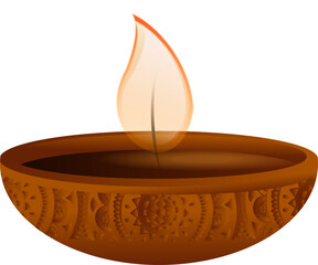 Flat design terracotta diya is glowing soft flame, showing mandala carvings, transparent background