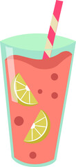 Showing flat design glass with pink drink, lime wedges, bubbles, straw on transparent background