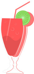 Displaying flat-design glass with red-pink fizz, white straw and lime garnish on transparent canvas