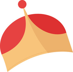 Flat party hat is floating on transparent background showing red, pale-yellow panels and red pompom