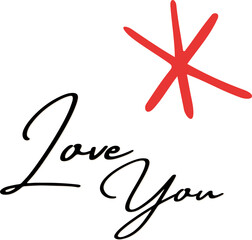 Displaying cursive Love You in flat design with red starburst and transparent background