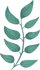 Stylized leafy branch is floating in transparent background, showing watercolor teal leaves
