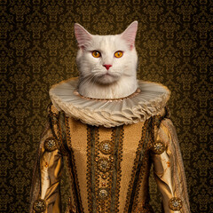 White cat wearing elizabethan era costume posing for royal portrait