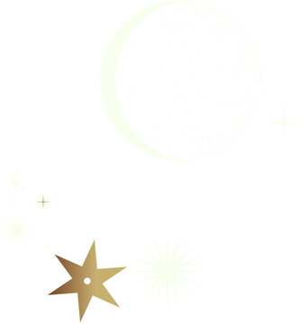 Naklejki Stylized celestial motif is floating on transparent backdrop with dotted moon gold stars, clouds