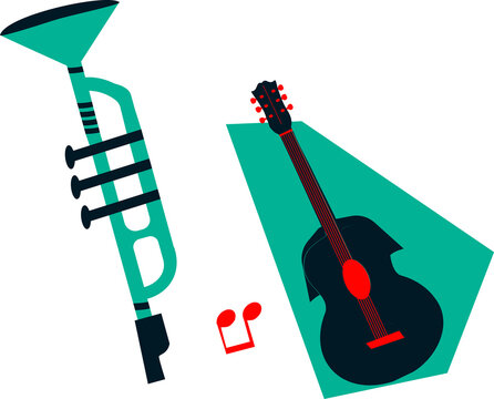 Vector illustration is showing trumpet and guitar with floating red notes on transparent background