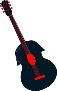 Acoustic guitar silhouette is being shown in flat design on transparent background with red accents