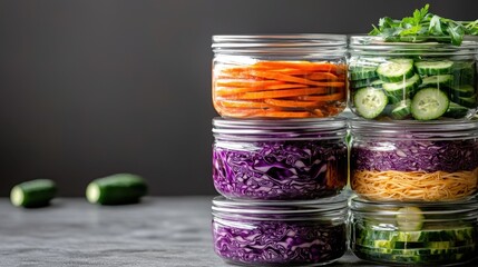 Colorful Layers of Fresh Vegetables in Stacked Glass Jars on a Dark Background