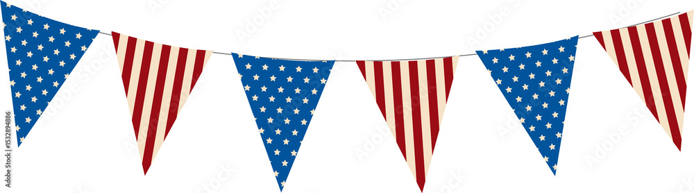 Poster flat design bunting is hanging on transparent bg with thin cord and star-spangled striped flags