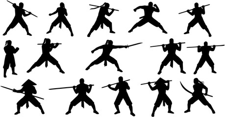 Fighter silhouettes set, warrior pack of vector silhouette design, isolated background
