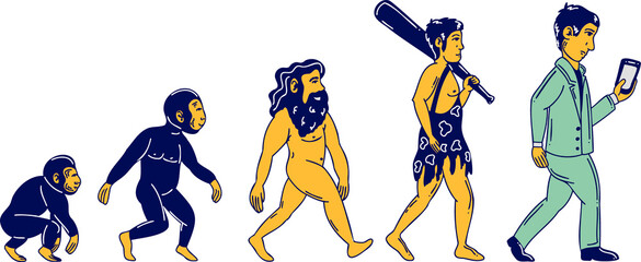 Showing human evolution in flat style from club or loincloth to suit or smartphone transparent backg