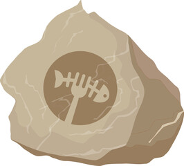 Displaying flat design beige rock with fish skeleton emblem pierced by fork, transparent background