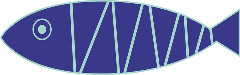 Displaying vector fish navy blue lined body, turquoise eye and tail fin on transparent background