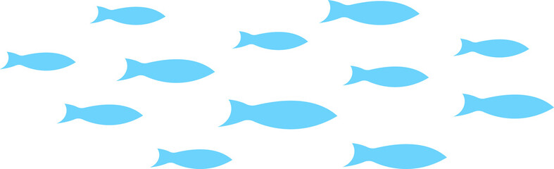 Abstract fish silhouettes are flowing across transparent background in flat design, blue tones
